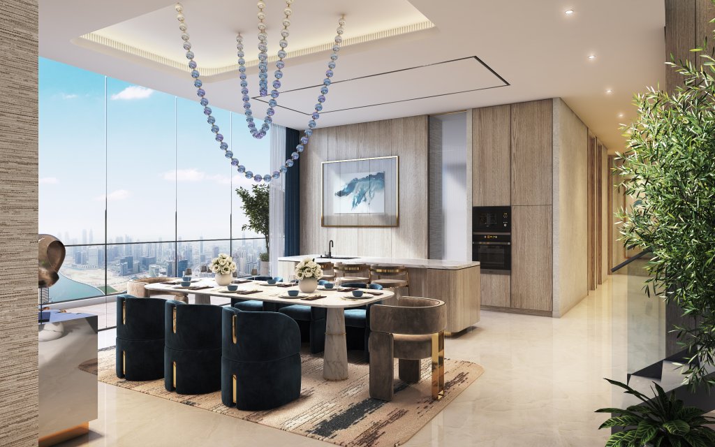 Opulent living space with high ceilings